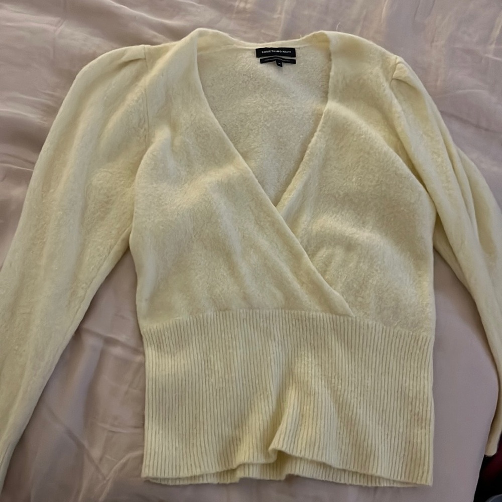 Sale! Something Navy yellow surplice sweater
